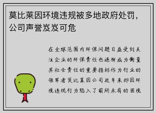 莫比莱因环境违规被多地政府处罚，公司声誉岌岌可危