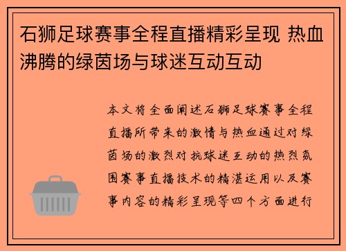 石狮足球赛事全程直播精彩呈现 热血沸腾的绿茵场与球迷互动互动