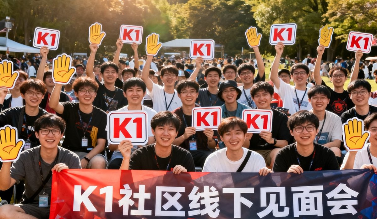 K1社区线下见面会合影：近百位玩家聚集在户外场地，举着K1手牌和横幅，阳光明媚笑容灿烂