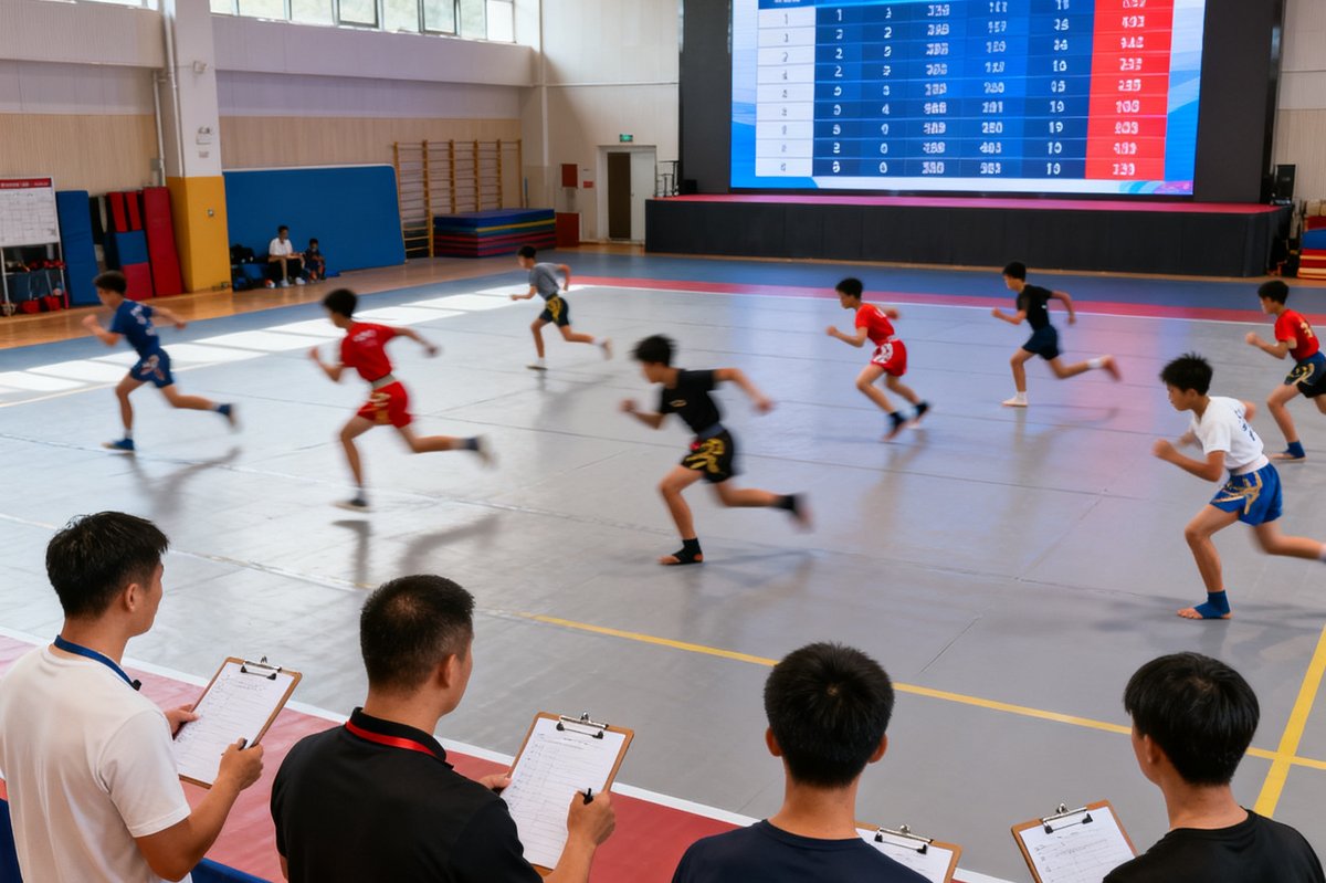 K1青训选拔赛现场:数十名年轻选手在宽敞的训练厅中进行选拔比赛,教练组在旁认真观察记录,大屏幕实时显示排名数据